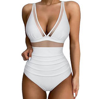 Zwempak met doorschijnende mesh inzet, bandeau, kruisbandjes achter, hoge taille, plus size, bescheiden dekking