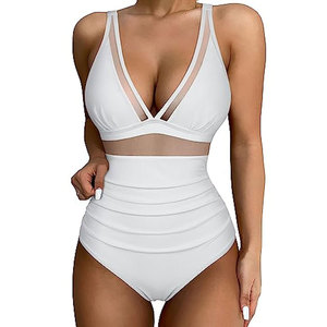 Traje de baño de una pieza para mujer con inserto de malla transparente, estilo bandeau, espalda con tiras cruzadas, cintura alta, talla grande, cobertura modesta - Product Image 1
