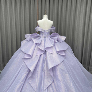 Vestido de Quinceañera Lsmc130 Princesa Morado con Cuentas, Encaje, Apliques Florales, Cintura Natural y Cola Capilla para Fiesta - Product Image 5