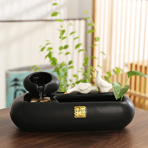 Fuente de agua de cerámica estilo chino con agua corriente y patos para decoración de escritorio - Product Image 1