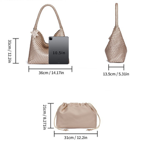Ensemble <span class=keywords><strong>sac</strong></span> à bandoulière besace en <span class=keywords><strong>cuir</strong></span> PU métallique tissé scintillant de grande capacité fermeture magnétique pochette à cordon détachable - Product Image 6