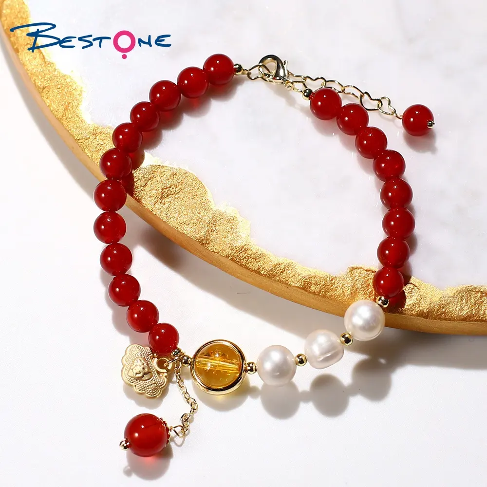 Bestone Natural Red Agate Fresh Water Pearl Citrine Beads Bracelet with 14K Real Gold Plated Lock Charm