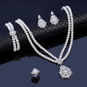 Latest CZ Two Layer Limitation Pearl Statement Zirconia Necklace Set for Women Wedding Dubai Elegant Cubic Zircon Jewelry Sets