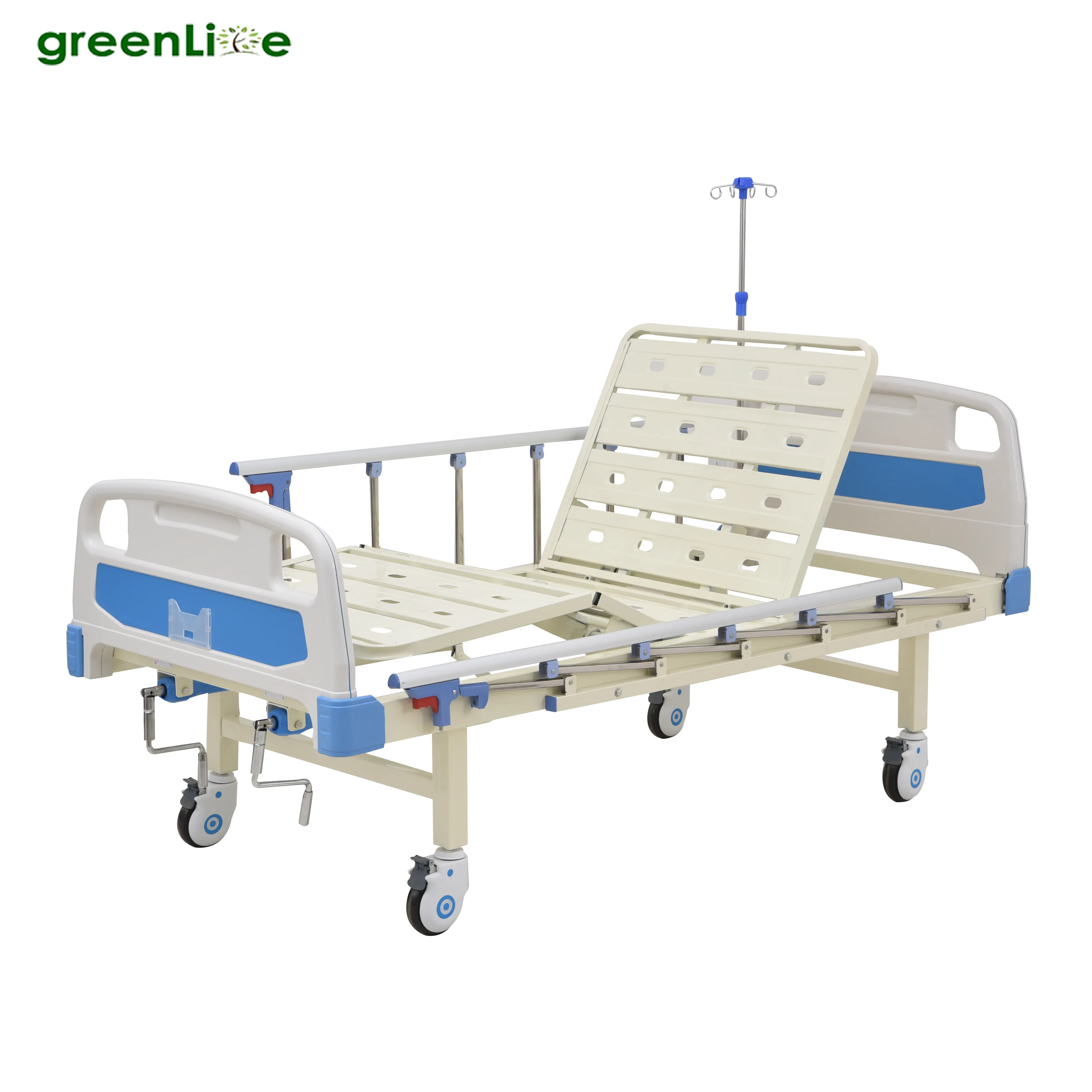 Greenlife-Manual de dos manivelas para Hospital, con colchón y ruedas para cama de enfermería, ABS,