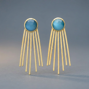 Nouvelles boucles d'oreilles pendantes en pierres précieuses bleues dorées, plaquées or, en alliage de métal précieux, faites à la main, style ethnique indien, cadeau de fiançailles - Product Image 3