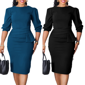 Nuovo abito estivo da <span class=keywords><strong>donna</strong></span> a girocollo plissettato con gonna a matita <span class=keywords><strong>in</strong></span> vita naturale Set Casual OL stile formale e tinta di temperamento - Product Image 2