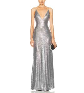 Abito Lungo da Sera da Donna di Lusso Argento con Paillettes, Scollo a V Profondo, Spalline Sottili, Stile Sirena, per Cerimonie e Feste (Ideale per Invitate a Matrimoni) - Product Image 5