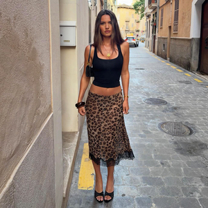 Jupe midi taille basse imprimé léopard avec ourlet en dentelle, jupe trapèze en maille pour femme, style vintage sexy streetwear, nouvelle collection 2026 - Product Image 3