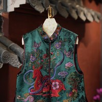 Rompi Wanita Buatan Tangan Berkualitas Tinggi dengan Bordir Rusa Sembilan Warna, Kerah Tegak, Kain Sutra Xiangyun, Hijau, 5914