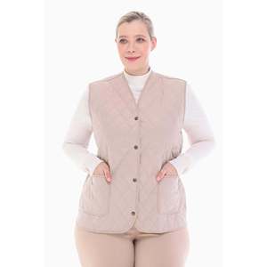 Plaid Light <b>Beige</b> Quilted Vest <b>Women's</b> <b>Waistcoat</b> With Front Pockets - Product Image 3