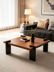 Mesa de Centro de Madera Maciza de Dos Tonos, Estilo Minimalista Wabi Sabi, con Patas Gruesas, para Sala de Estar - Product Image 5