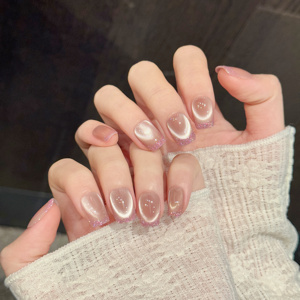 Diseño # 587 # 627 # 722 <span class=keywords><strong>Uñas</strong></span> Postizas Minimalistas de Alta Calidad con Diseño de Ojo de Gato <span class=keywords><strong>y</strong></span> Brillo, <span class=keywords><strong>Elegantes</strong></span>, Hechas a Mano, Cortas, Estilo Francés - Product Image 2