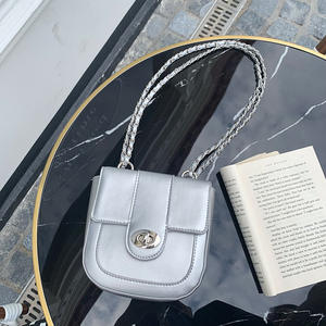 Silver Black Chain Shoulder Bag With <b>Lock</b> Closure For Everyday Use Women's Crossbody Saddle Bag Solid Color Design - Product Image 2