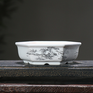 กระถางบอนไซเซรามิกทรงหกเหลี่ยมลายภาพวาดภูมิทัศน์จีนแบบวาดด้วยมือ - Product Image 1