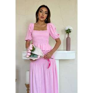 ชุดผ้าลินินสีชมพูขายส่ง ชุดเดรสสองชิ้นแขนสั้นสไตล์ Prairie Chic ระบายอากาศได้ดีสำหรับผู้หญิง - Product Image 3