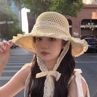 Sombrero de Sol de Rafia para Mujer con Borde Deshilachado y Correa de Encaje, Ajustable, para Playa y Verano