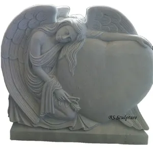 Graveyard Hand carving White Marble Angel Wings Heart Shaped Tombstone