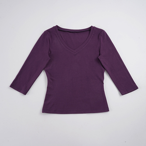 Camiseta Básica de Punto con Cuello en V para Mujer, Color Sólido, Corte Ajustado, Manga 3/4, Estilo Casual y Urbano, Top Versátil - Product Image 3