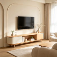 Meuble TV courbé en chêne crème de qualité supérieure avec pieds en chêne et éclairage LED, idéal pour les projets de personnalisation de salons de style français