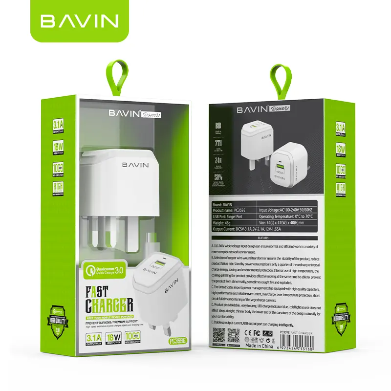 BAVINカスタムUK EU米国卸売価格シングルマイクロUSBポートホームQC3.0急速充電旅行携帯電話充電器PC359E