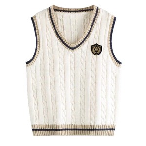 Gilet en tricot pour uniforme scolaire Dalang, en pur coton, style britannique, pour garçons et filles, blanc cassé avec motif de badge - Product Image 2