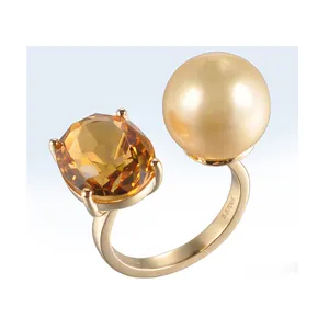 Custom Fashion jewelry ring 18K gold oval citrine pearl ring