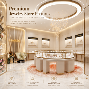Vitrines à bijoux rondes en or sur mesure Ondole avec éclairage LED et plateau en marbre pour l'aménagement de magasins de luxe - Product Image 4