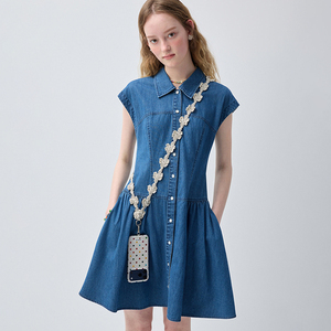 <span class=keywords><strong>Vestido</strong></span> <span class=keywords><strong>Camisero</strong></span> Azul <span class=keywords><strong>Vaquero</strong></span> VEGA CHANG para <span class=keywords><strong>Mujer</strong></span> con Cuello y Mangas Cortas, Botones, Corte en A, Mini <span class=keywords><strong>Vestido</strong></span> Casual - Product Image 1