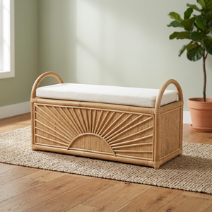 Nhat Minh Rattan <b>Storage</b> Bench With <b>Cushion</b> Tropical Design Multifunctional Kids Furniture - Product Image 4