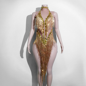 Justaucorps Scintillant Doré à Franges de Strass Lourds pour Spectacle Scénique, Showgirl, Diva, Drag Queen, Célébration - Product Image 1