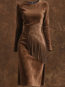 Abito Vintage da Donna Stile Western, Aderente, Collo Tondo, <span class=keywords><strong>Maniche</strong></span> <span class=keywords><strong>Lunghe</strong></span>, con Frange, in Camoscio Antistatico, Lunghezza Media, Vita Impero - Product Image 1