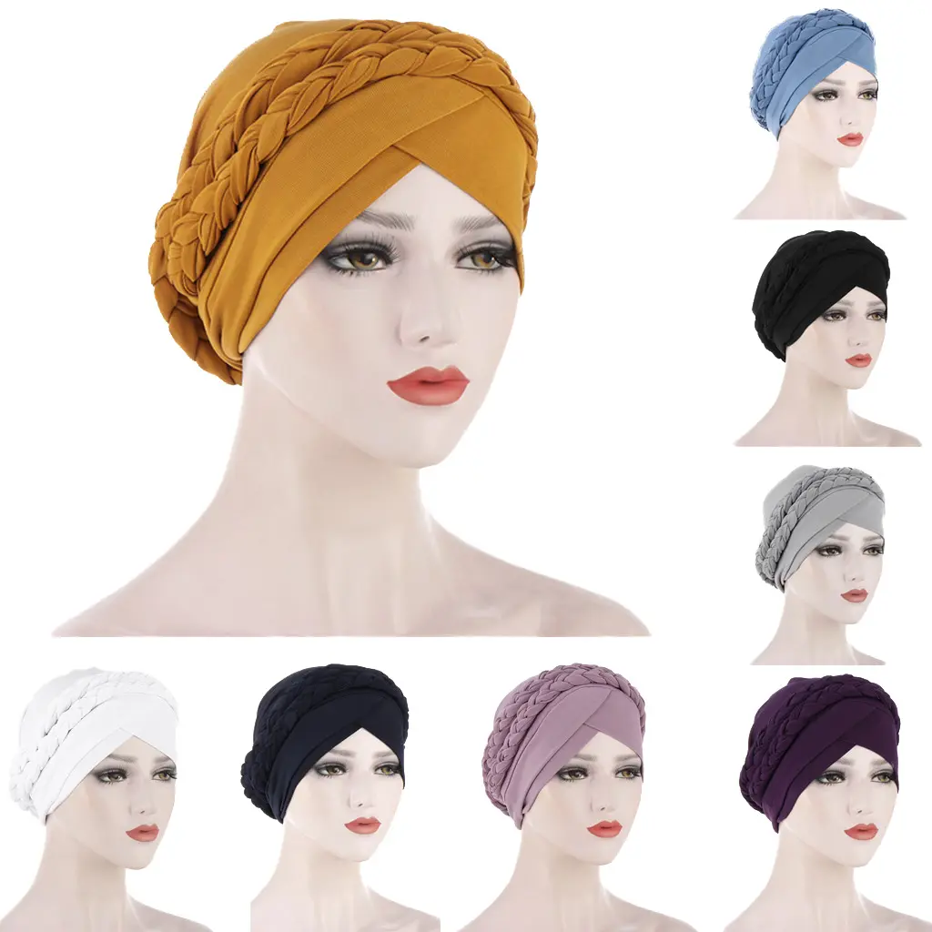 J304012 Mũ Turban Bện Co Giãn Cho Nữ Hồi Giáo Mũ Trùm Đầu Mũ Trùm Đầu Nữ Màu Trơn Mũ Ả Rập Dubai Mũ Trùm Đầu Hồi Giáo