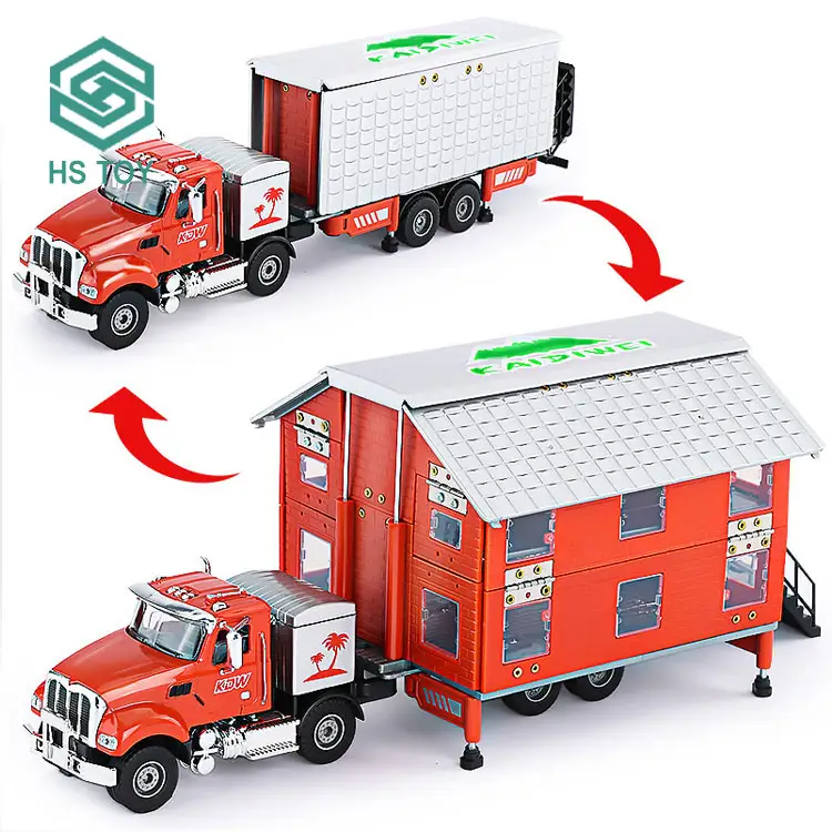 HS miniatur mobil mainan Die Cast truk Caravan, wadah Double Deck, mainan mobil Scala 1:50 Model untuk dijual