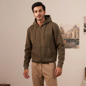 Sweat-shirt à capuche zippé pour homme, 100% coton, motif uni, méthode de tissage tricotée, grande taille, polaire avec fermeture éclair - Product Image 1