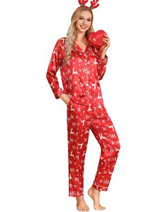Conjunto de Pijama de Seda de Manga Longa Feminina Soft Button Down Thermal PJ para Dia dos Namorados e Natal - Product Image 4