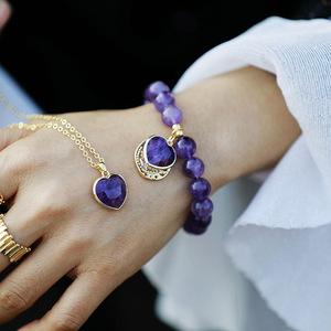 Natural <b>Amethyst</b> Beaded <b>Bracelet</b> 10mm Heart Pendant Elastic Stretch Jewelry For Gift - Product Image 2