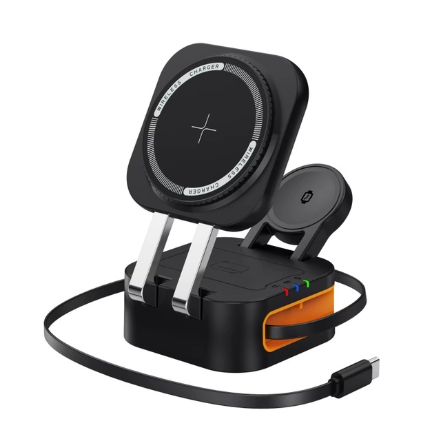 2026 New Arrival 3 in 1 Magnetic Wireless Charging Stand Extendable Telescopic Cable Portable Dock for Phones & Earphones