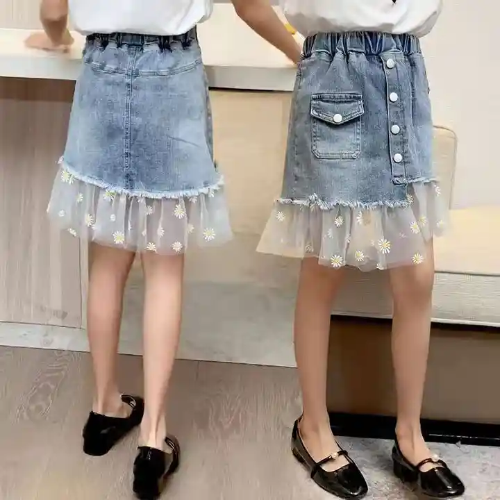 تنورة للبنات ملابس جينز أزرق تنورة جينز قصيرة كاجوال للأطفال تنورة جينز  قصيرة للأطفال المراهقين زهرة شبكة ملابس أطفال الصيف| Alibaba.com