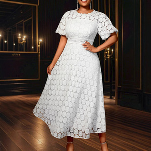 Vestidos Casuales de Verano AM050348 con Mangas Abullonadas, <span class=keywords><strong>L</strong></span>ínea <span class=keywords><strong>A</strong></span>, Talla Grande, Maxi, Encaje Blanco para Mujer - Product Image 3