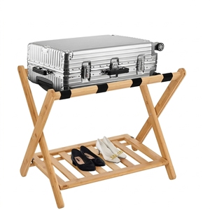 <span class=keywords><strong>Porte</strong></span>-bagages pliant en <span class=keywords><strong>bois</strong></span> à 2 niveaux, support de <span class=keywords><strong>valise</strong></span> en bambou pour chambre d'hôtel avec sangles noires, offre spéciale - Product Image 1