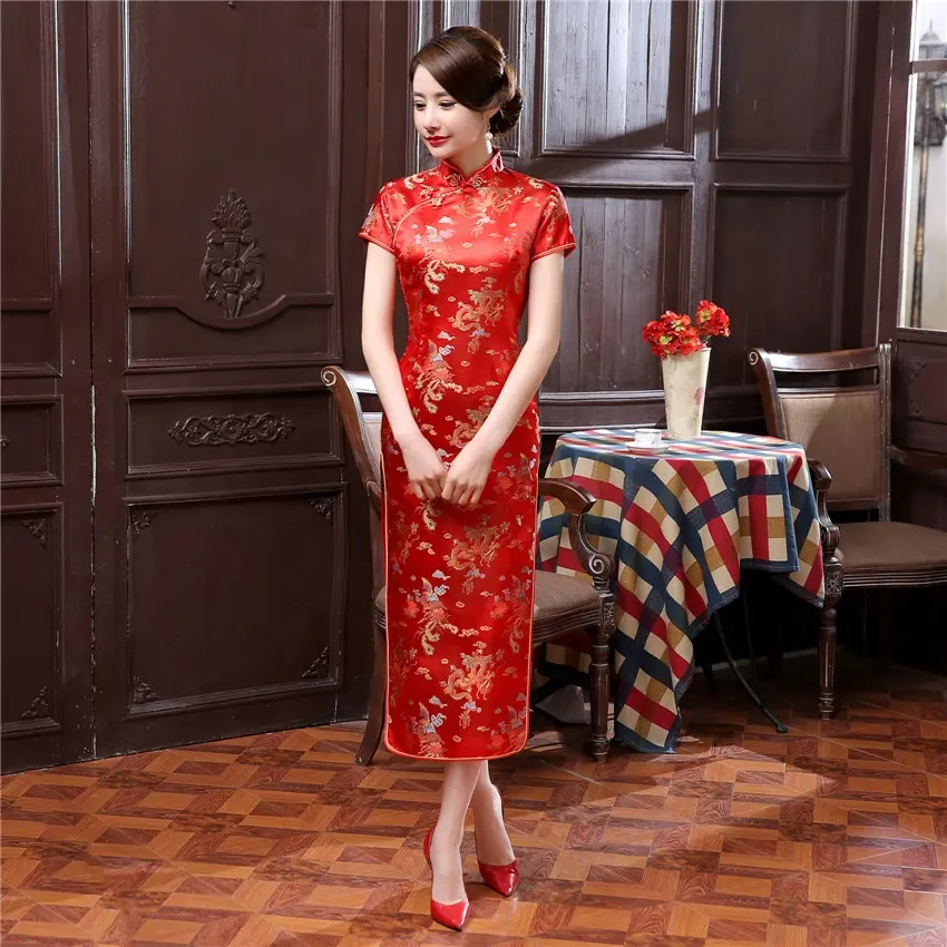 Ecoparty gaun tradisional Cina gaun Cheongsam panjang Qipao kostum Tang belahan seksi wanita jamuan makan Qipao ukuran besar S-6XL