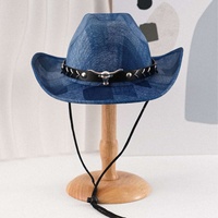 Chapeau de cowboy en jean bleu avec ceinture de taureau Longhorn argentée, idéal pour les fêtes western et country - Vente en gros