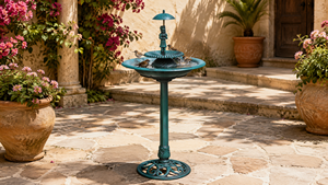 Bain d'oiseaux Art Déco en plastique robuste, couleur verdigris, écologique, avec socle extérieur, bassin d'eau à niveaux, décoration de jardin - Product Image 2
