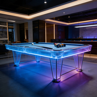 Table de billard haut de gamme S.QF 7/8/9 pieds avec plateau en ardoise, pieds transparents, éclairage LED, surface en cuir lisse et poches de récupération.
