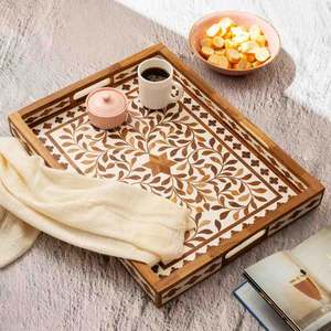 Latest Design Farmhouse Rustic Vintage Mango <b>Wood</b> & Bone Inlay Pattern Design Rectangle Shape Serving Fruits <b>Tray</b> for <b>Table</b> - Product Image 1