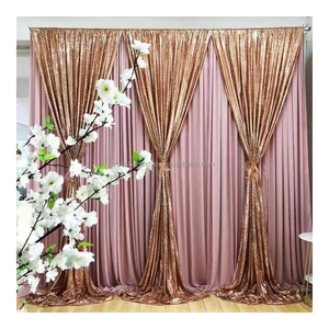 Rideau de fond de scène pour mariage, draperies de décoration de fête, rideau rose froissé avec franges à sequins - Product Image 5