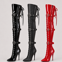 Bottes de pole dance à triple boucle, hauteur genou, talon aiguille 12 cm, à lacets et fermeture éclair, en PU, bout rond, talons mode, pour scène exotique