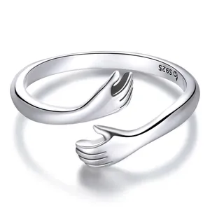 925 Sterling Silver Adjustable Hug Ring for Women Fashion Jewelry for Love Promise and Friendship Hugging Hands Open Design