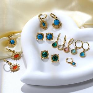 Wholesale Hot Selling <b>Fashion</b> 18k Gold Plated Sun Huggie Water Drop Opal Stainless Steel Blue Turquoise Stone <b>Hoop</b> <b>Earrings</b> - Product Image 4