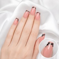 Faux ongles à presser personnalisés imprimé léopard, forme cercueil moyenne, French manucure, motif animal, nude brillant, en gel ABS, vente en gros OEM